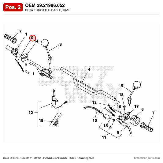 BETA THROTTLE CABLE, VAM – OEM 29.21986.052, position 2 on the Beta URBAN 125 MY11-MY12 handlebar/controls drawing
