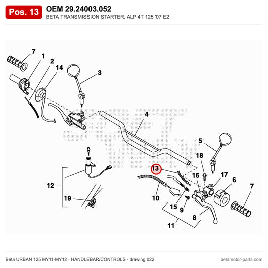 BETA TRANSMISSION STARTER, ALP 4T 125 '07 E2 – OEM 29.24003.052, position 13 on the Beta URBAN 125 MY11-MY12 handlebar/controls drawing