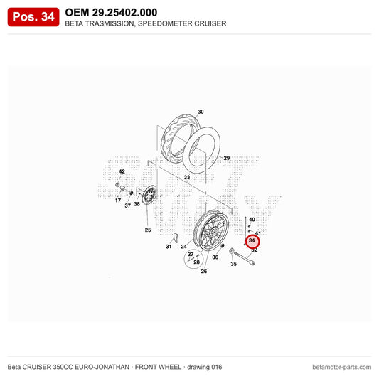 BETA TRASMISSION, SPEEDOMETER CRUISER – OEM 29.25402.000, position 34 on the Beta CRUISER 350CC EURO-JONATHAN front wheel drawing