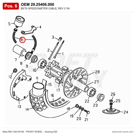 BETA SPEEDOMETER CABLE, REV 3 '04 – OEM 29.25406.000, position 6 on the Beta REV 250 MY06 front wheel drawing