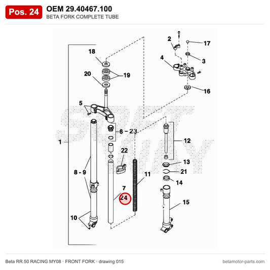BETA FORK COMPLETE TUBE – OEM 29.40467.100, position 24 on the Beta RR 50 RACING MY08 front fork drawing