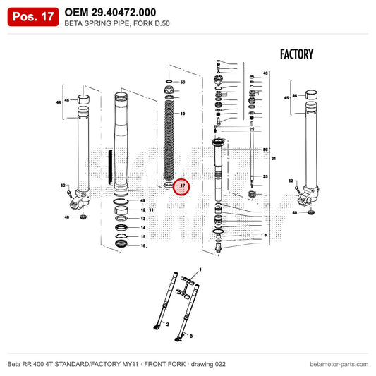 BETA SPRING PIPE, FORK D.50 – OEM 29.40472.000, position 17 on the Beta RR 400 4T STANDARD/FACTORY MY11 front fork drawing