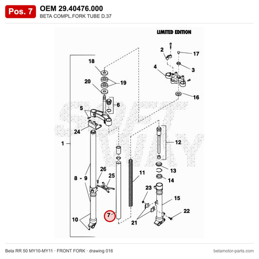 BETA COMPL.FORK TUBE D.37 – OEM 29.40476.000, position 7 on the Beta RR 50 MY10-MY11 front fork drawing