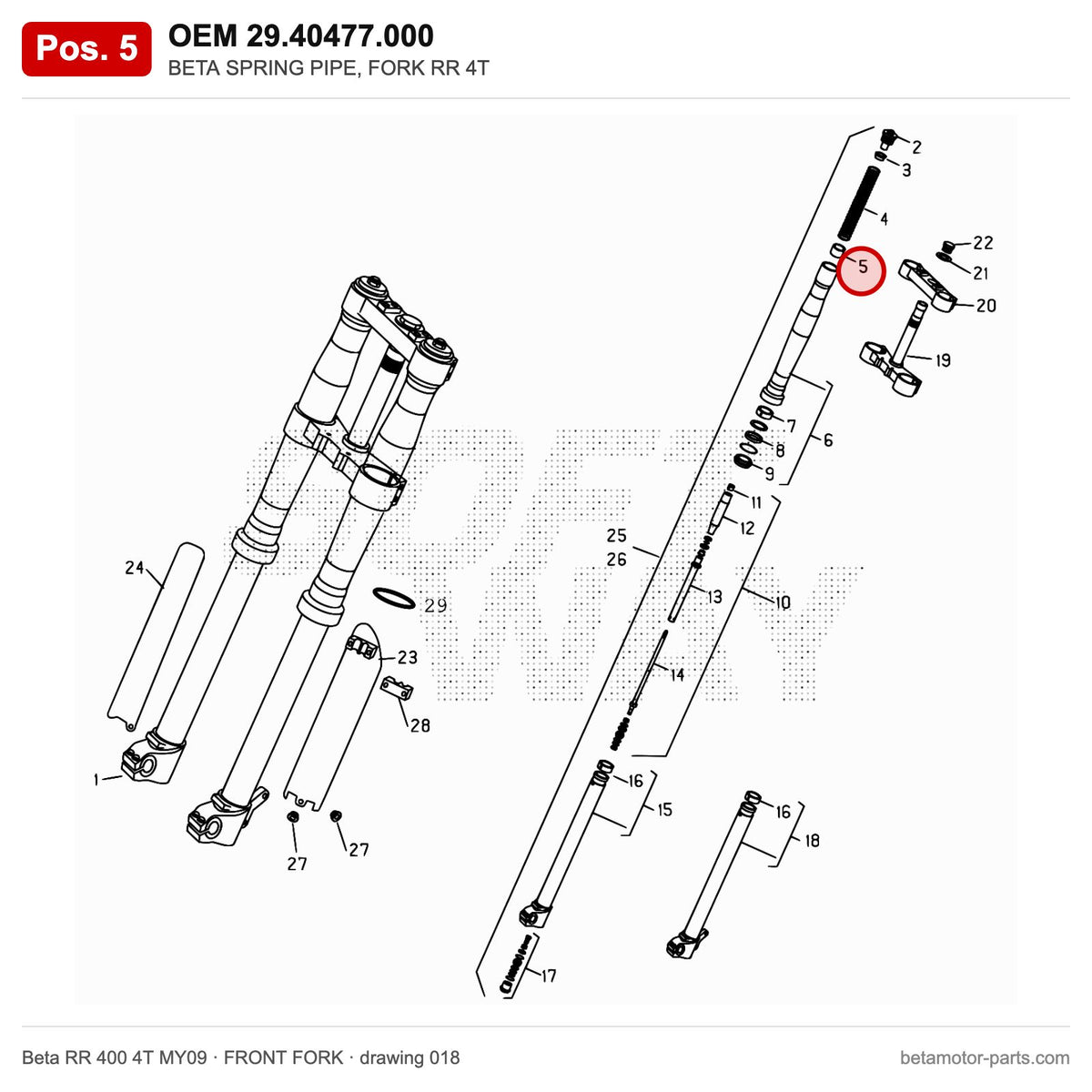 BETA SPRING PIPE, FORK RR 4T – OEM 29.40477.000, position 5 on the Beta RR 400 4T MY09 front fork drawing