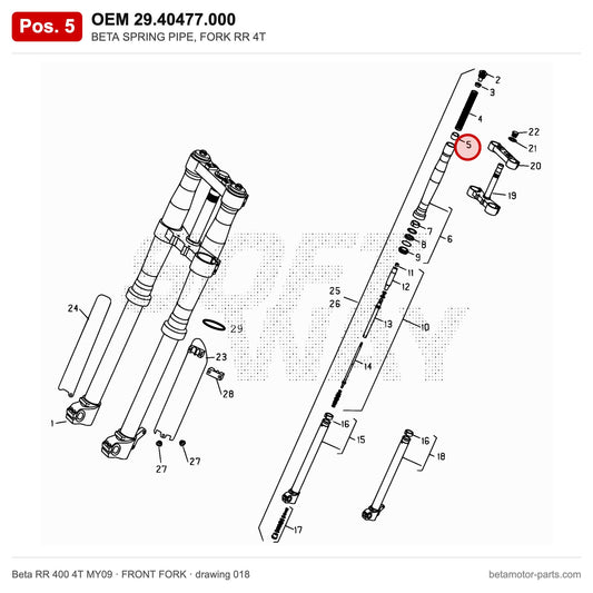 BETA SPRING PIPE, FORK RR 4T – OEM 29.40477.000, position 5 on the Beta RR 400 4T MY09 front fork drawing