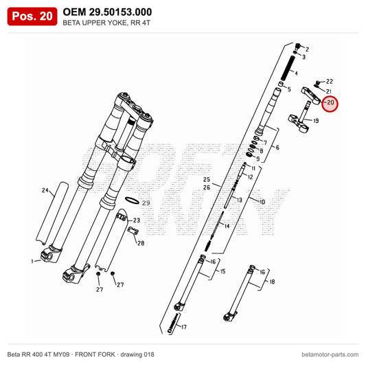 BETA UPPER YOKE, RR 4T – OEM 29.50153.000, position 20 on the Beta RR 400 4T MY09 front fork drawing