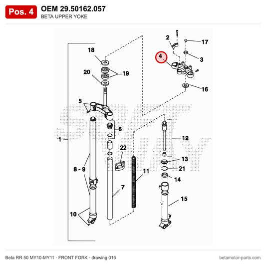 BETA UPPER YOKE – OEM 29.50162.057, position 4 on the Beta RR 50 MY10-MY11 front fork drawing