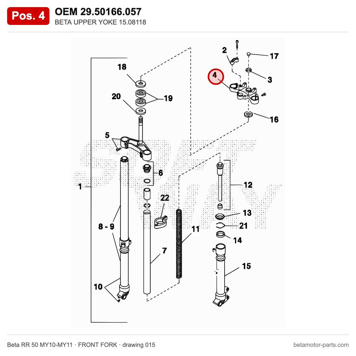 BETA UPPER YOKE 15.08118 – OEM 29.50166.057, position 4 on the Beta RR 50 MY10-MY11 front fork drawing