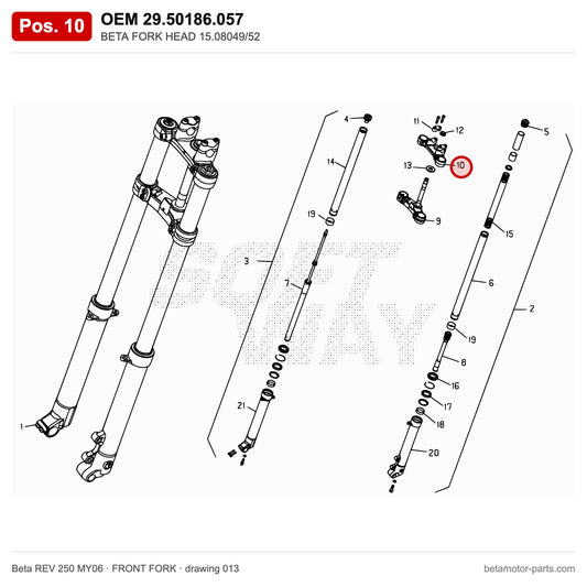 BETA FORK HEAD 15.08049/52 – OEM 29.50186.057, position 10 on the Beta REV 250 MY06 front fork drawing
