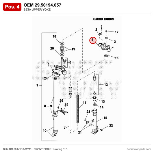 BETA UPPER YOKE – OEM 29.50194.057, position 4 on the Beta RR 50 MY10-MY11 front fork drawing