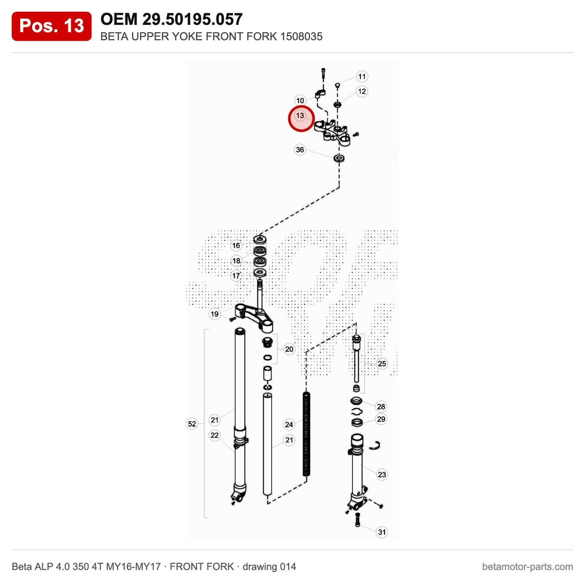 BETA UPPER YOKE FRONT FORK 1508035 – OEM 29.50195.057, position 13 on the Beta ALP 4.0 350 4T MY16-MY17 front fork drawing
