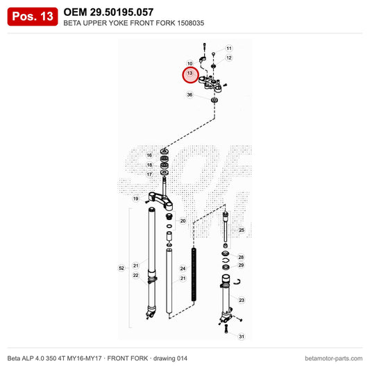 BETA UPPER YOKE FRONT FORK 1508035 – OEM 29.50195.057, position 13 on the Beta ALP 4.0 350 4T MY16-MY17 front fork drawing