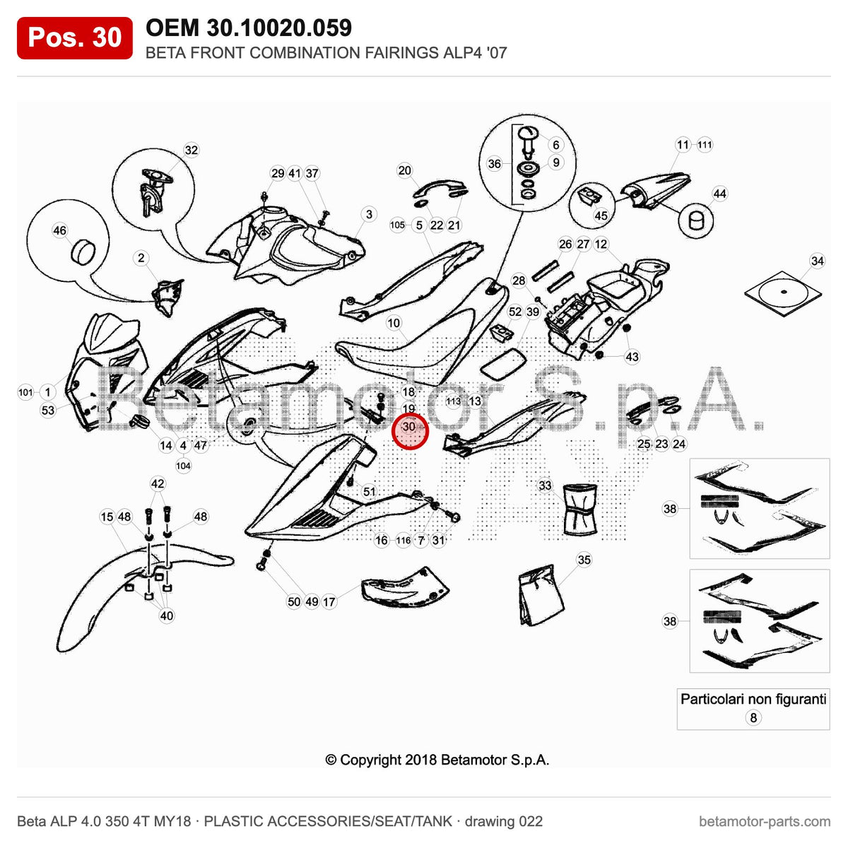 BETA FRONT COMBINATION FAIRINGS ALP4 '07 – OEM 30.10020.059, position 30 on the Beta ALP 4.0 350 4T MY18 plastic accessories/seat/tank drawing
