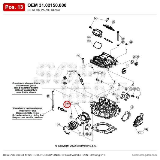 BETA HS VALVE REV4T – OEM 31.02150.000, position 13 on the Beta EVO 300 4T MY26 cylinder/cylinder head/valvetrain drawing