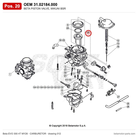 BETA PISTON VALVE, MIKUNI BSR – OEM 31.02184.000, position 20 on the Beta EVO 300 4T MY26 carburetor drawing
