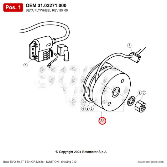 BETA FLYWHEEL REV 80 '08 – OEM 31.03271.000, position 1 on the Beta EVO 80 2T SENIOR MY26 ignition drawing