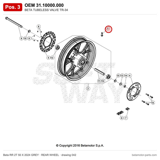 BETA TUBELESS VALVE TR-34 – OEM 31.10000.000, position 3 on the Beta RR 2T 50 X 2024 GREY rear wheel drawing