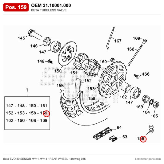 BETA TUBELESS VALVE – OEM 31.10001.000, position 159 on the Beta EVO 80 SENIOR MY11-MY14 rear wheel drawing
