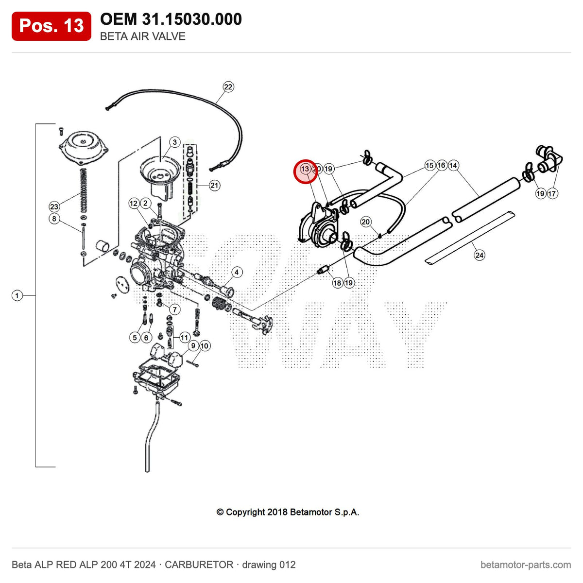BETA AIR VALVE – OEM 31.15030.000, position 13 on the Beta ALP RED ALP 200 4T 2024 carburetor drawing