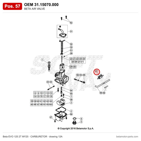 BETA AIR VALVE – OEM 31.15070.000, position 57 on the Beta EVO 125 2T MY25 carburetor drawing