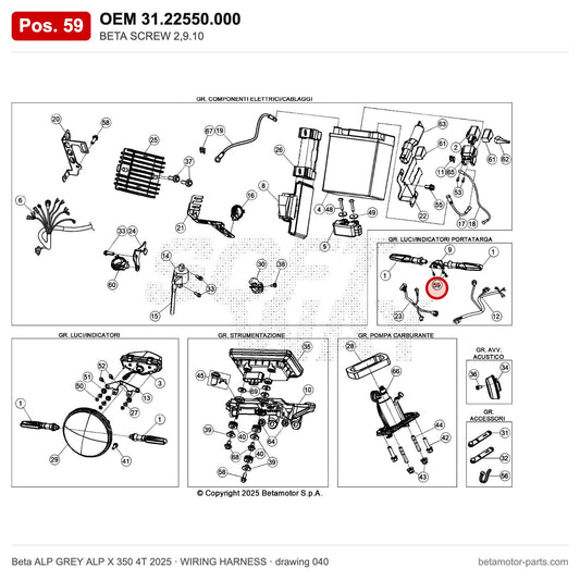 BETA SCREW 2,9.10 – OEM 31.22550.000, position 59 on the Beta ALP GREY ALP X 350 4T 2025 wiring harness drawing