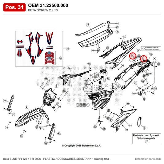 BETA SCREW 2,9.13 – OEM 31.22560.000, position 31 on the Beta BLUE RR 125 4T R 2026 plastic accessories/seat/tank drawing