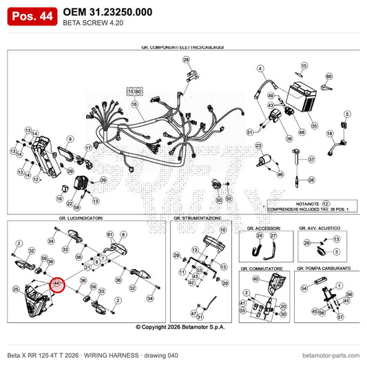 BETA SCREW 4.20 – OEM 31.23250.000, position 44 on the Beta X RR 125 4T T 2026 wiring harness drawing