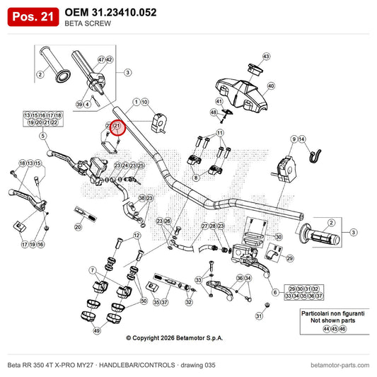 BETA SCREW – OEM 31.23410.052, position 21 on the Beta RR 350 4T X-PRO MY27 handlebar/controls drawing