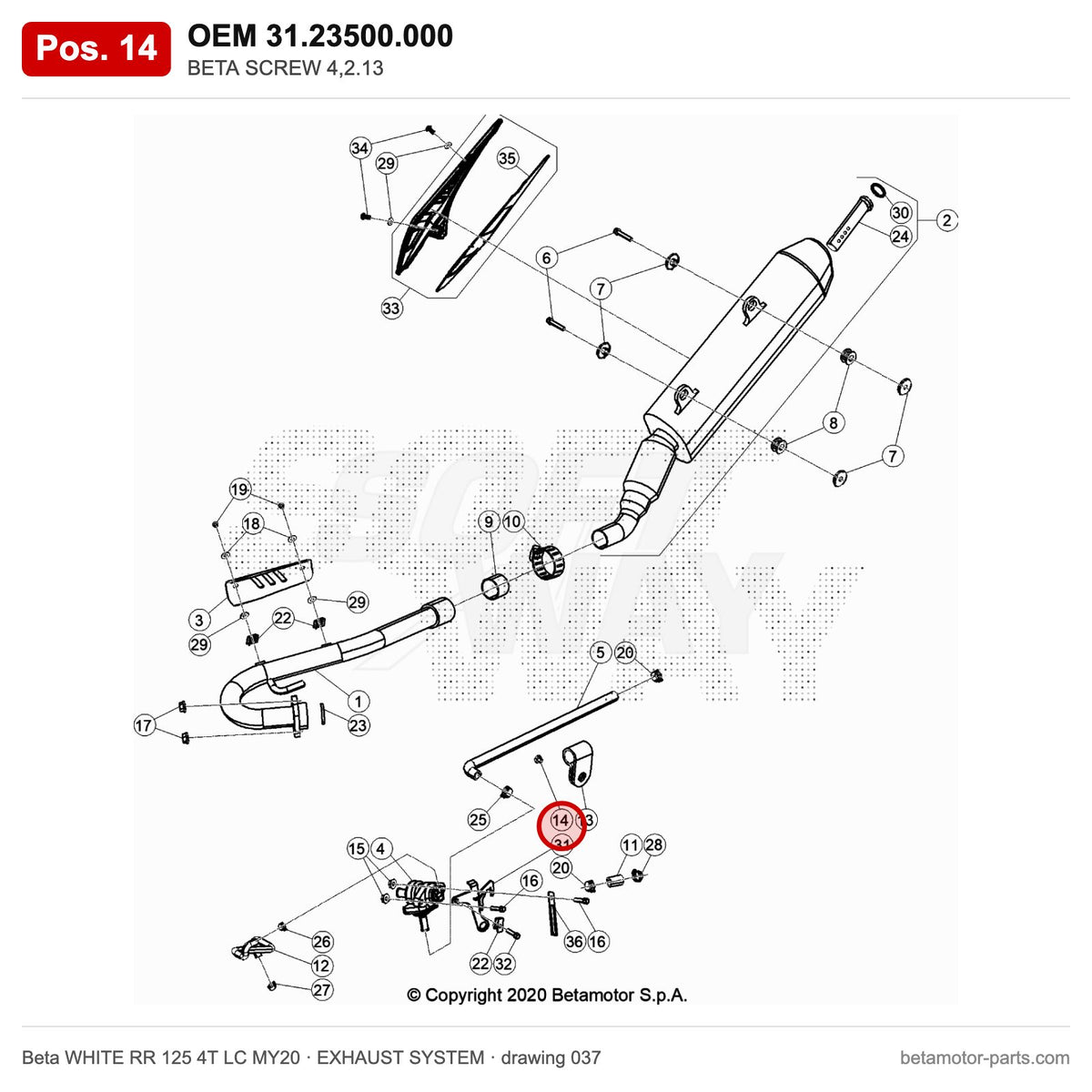 BETA SCREW 4,2.13 – OEM 31.23500.000, position 14 on the Beta WHITE RR 125 4T LC MY20 exhaust system drawing