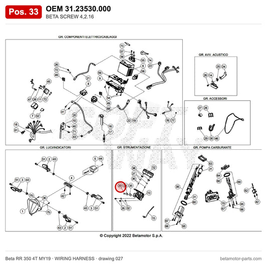 BETA SCREW 4,2.16 – OEM 31.23530.000, position 33 on the Beta RR 350 4T MY19 wiring harness drawing