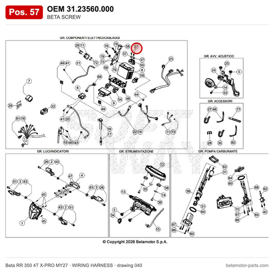 BETA SCREW – OEM 31.23560.000, position 57 on the Beta RR 350 4T X-PRO MY27 wiring harness drawing
