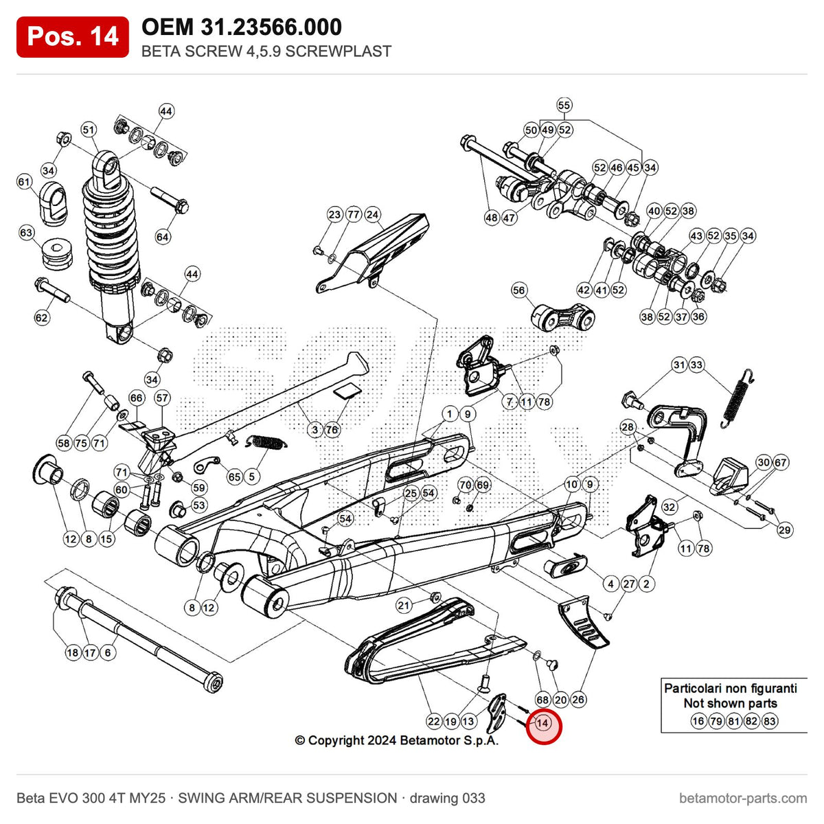 BETA SCREW 4,5.9 SCREWPLAST – OEM 31.23566.000, position 14 on the Beta EVO 300 4T MY25 swing arm/rear suspension drawing