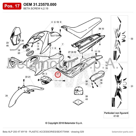 BETA SCREW 4,2.19 – OEM 31.23570.000, position 17 on the Beta ALP 200 4T MY18 plastic accessories/seat/tank drawing