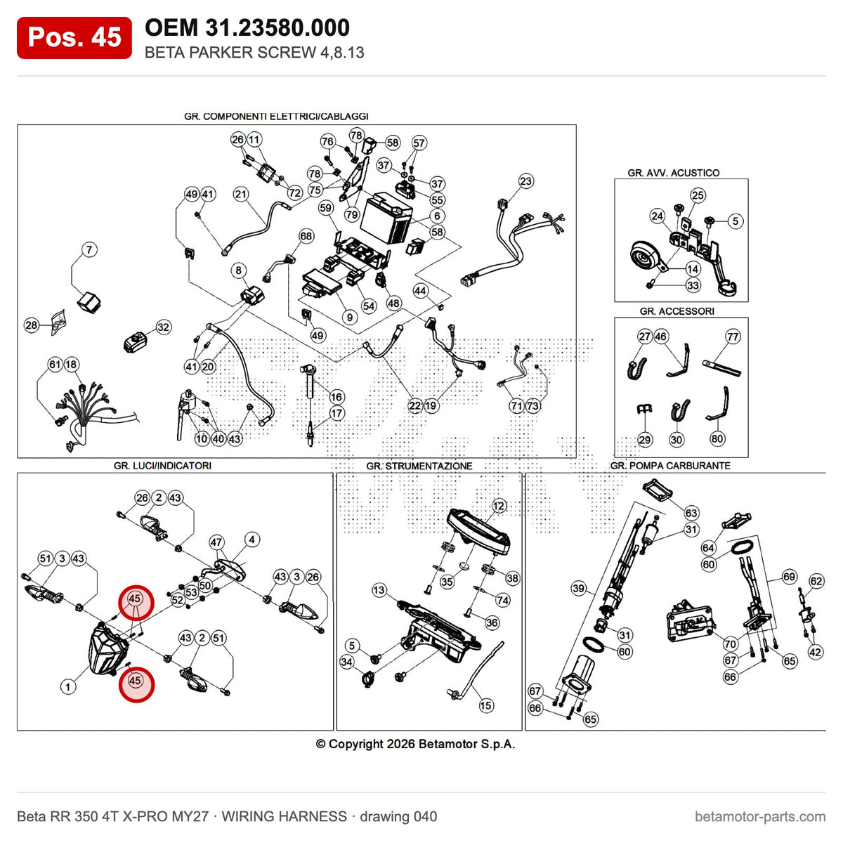 BETA PARKER SCREW 4,8.13 – OEM 31.23580.000, position 45 on the Beta RR 350 4T X-PRO MY27 wiring harness drawing