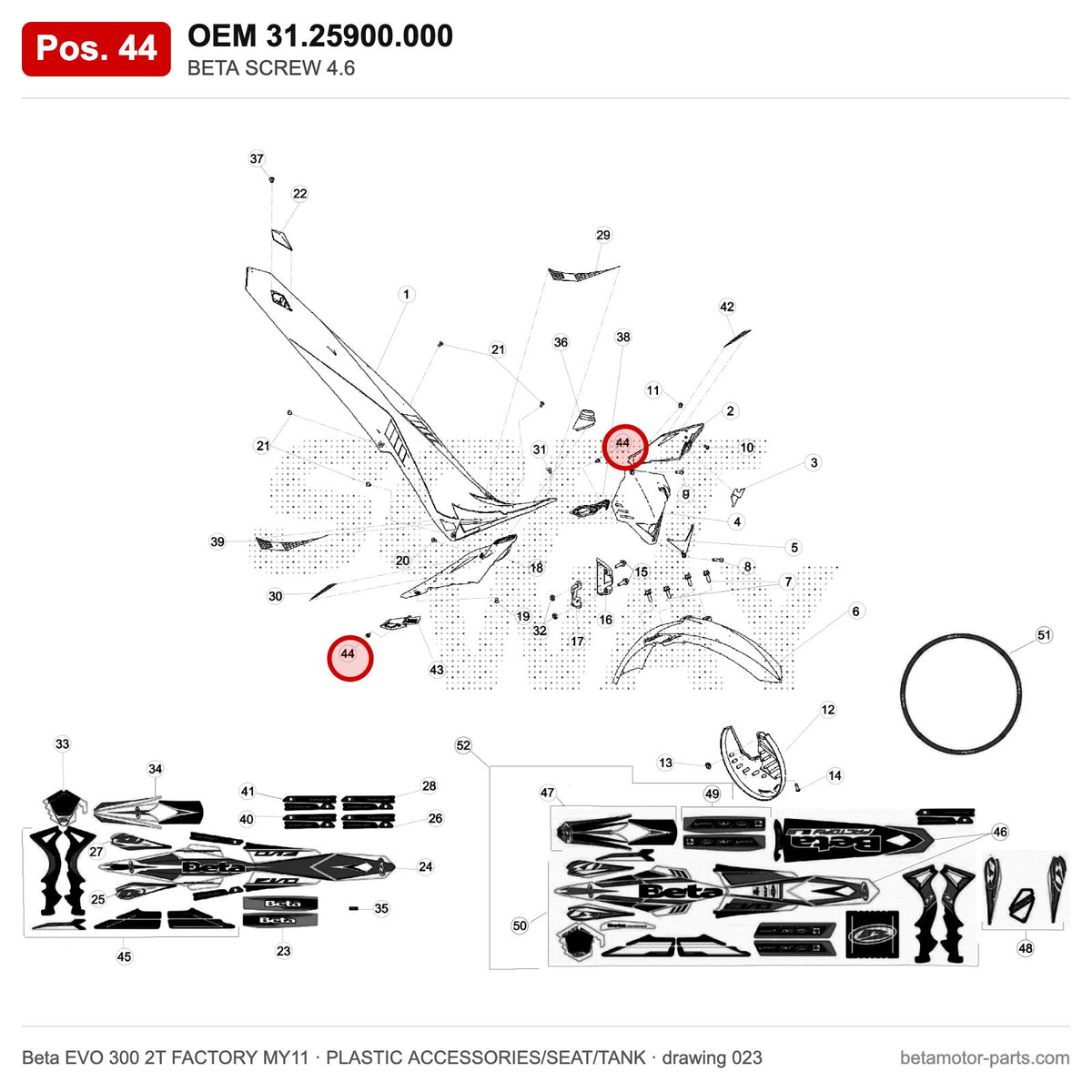 BETA SCREW 4.6 – OEM 31.25900.000, position 44 on the Beta EVO 300 2T FACTORY MY11 plastic accessories/seat/tank drawing