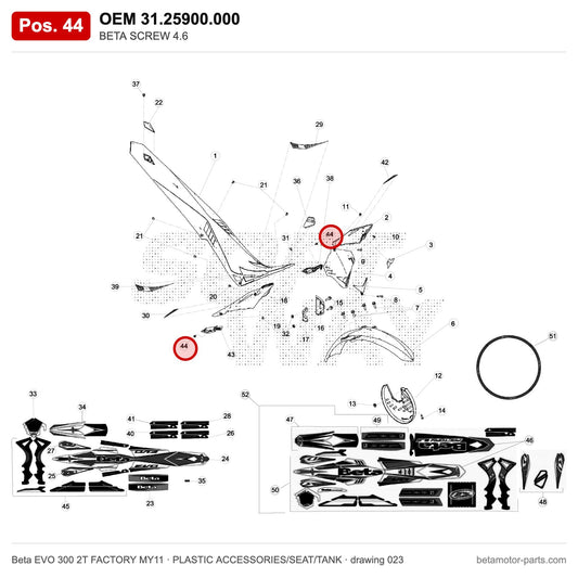 BETA SCREW 4.6 – OEM 31.25900.000, position 44 on the Beta EVO 300 2T FACTORY MY11 plastic accessories/seat/tank drawing