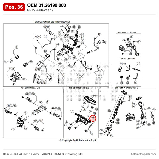 BETA SCREW 4.12 – OEM 31.26190.000, position 36 on the Beta RR 350 4T X-PRO MY27 wiring harness drawing