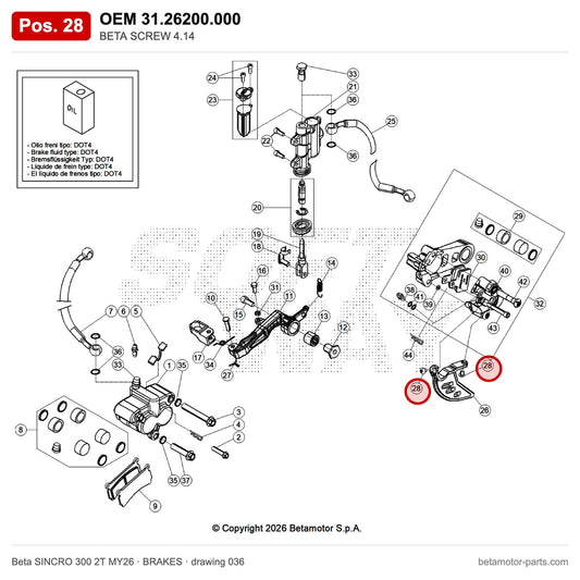 BETA SCREW 4.14 – OEM 31.26200.000, position 28 on the Beta SINCRO 300 2T MY26 brakes drawing