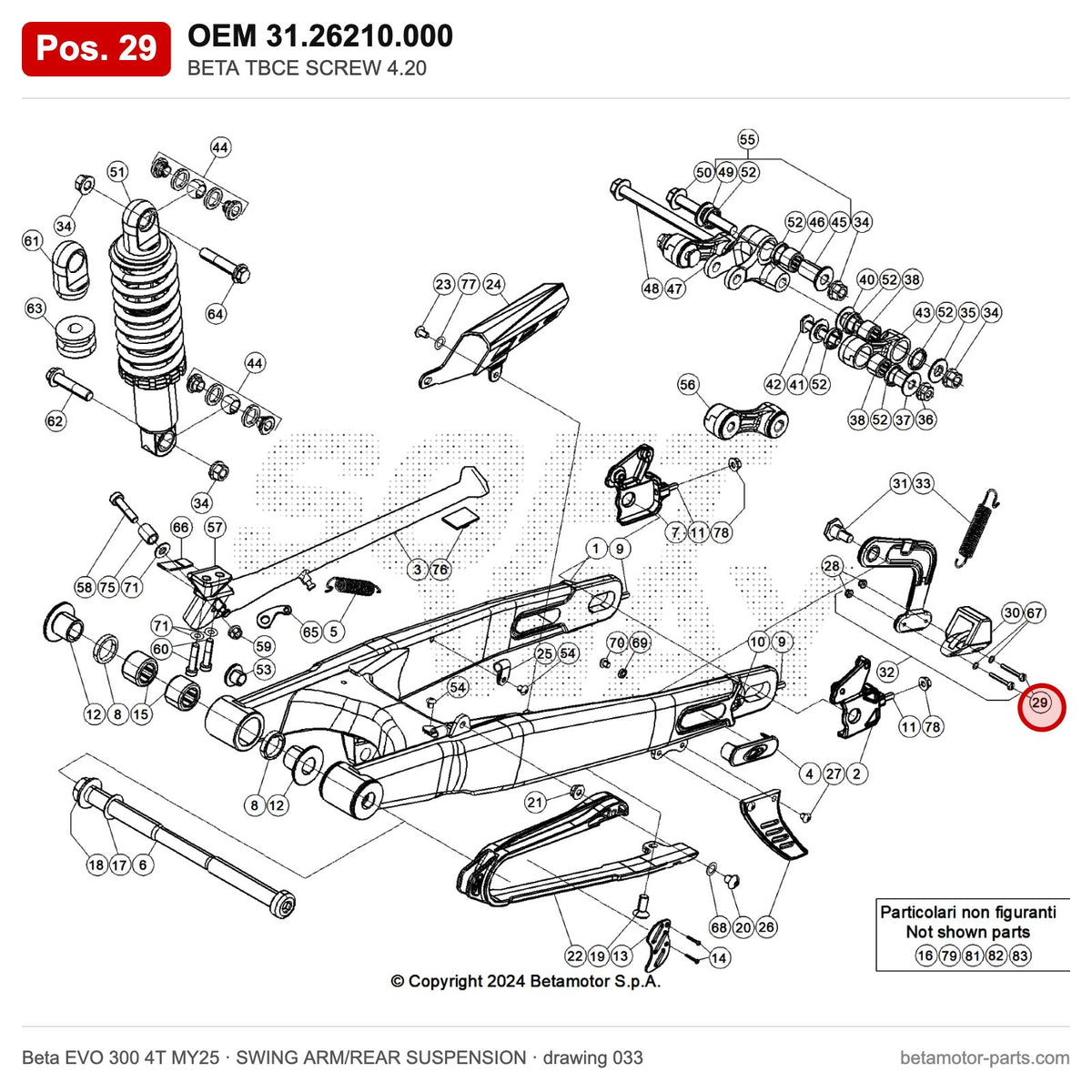 BETA TBCE SCREW 4.20 – OEM 31.26210.000, position 29 on the Beta EVO 300 4T MY25 swing arm/rear suspension drawing