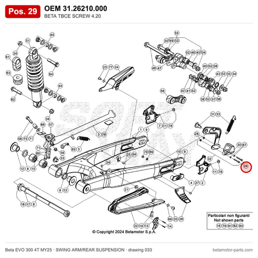 BETA TBCE SCREW 4.20 – OEM 31.26210.000, position 29 on the Beta EVO 300 4T MY25 swing arm/rear suspension drawing