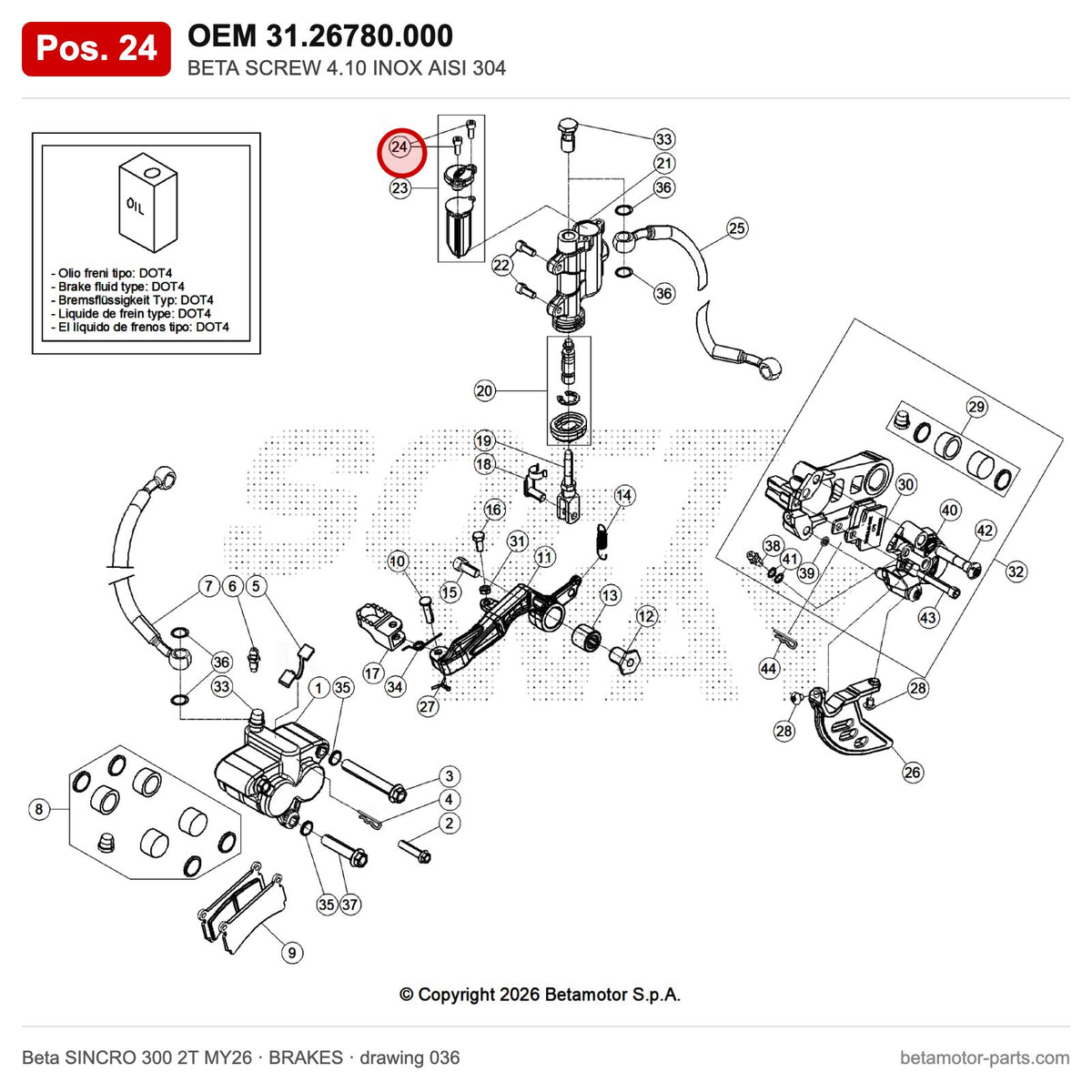 BETA SCREW 4.10 INOX AISI 304 – OEM 31.26780.000, position 24 on the Beta SINCRO 300 2T MY26 brakes drawing