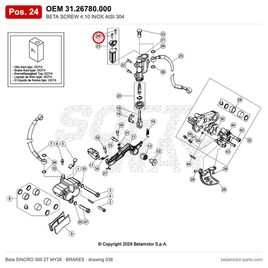 BETA SCREW 4.10 INOX AISI 304 – OEM 31.26780.000, position 24 on the Beta SINCRO 300 2T MY26 brakes drawing