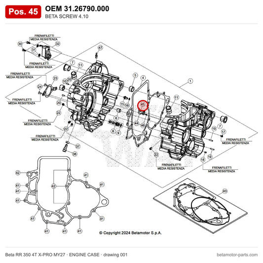 BETA SCREW 4.10 – OEM 31.26790.000, position 45 on the Beta RR 350 4T X-PRO MY27 engine case drawing