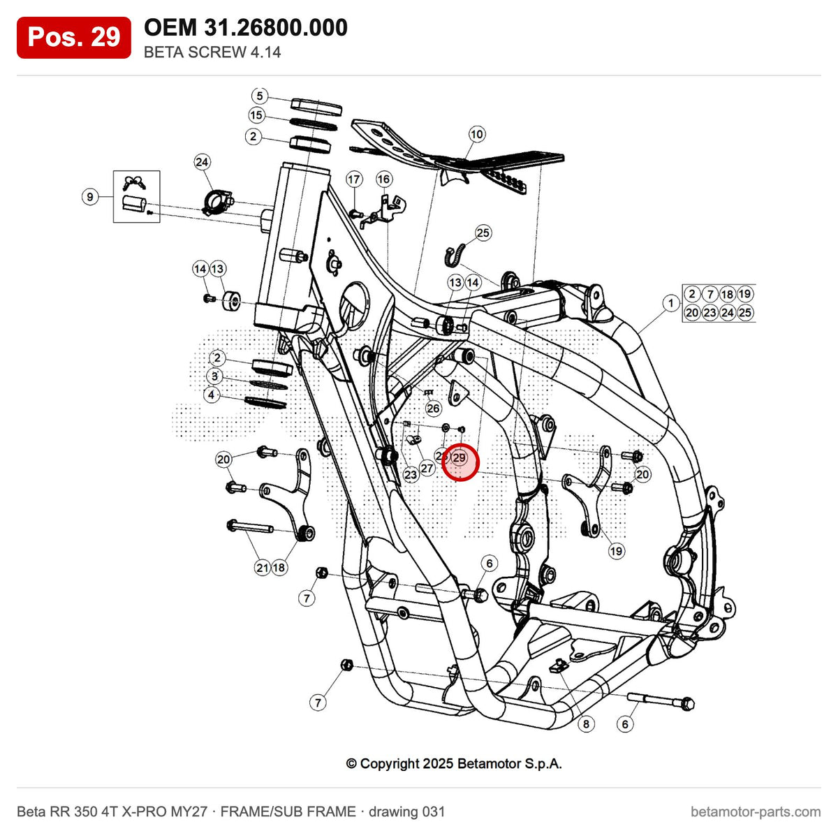 BETA SCREW 4.14 – OEM 31.26800.000, position 29 on the Beta RR 350 4T X-PRO MY27 frame/sub frame drawing