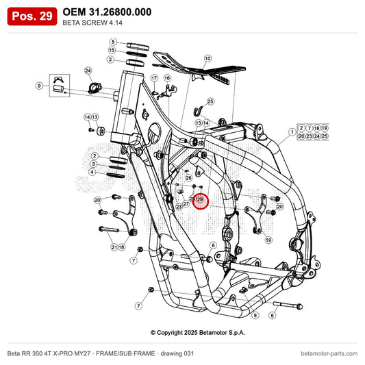 BETA SCREW 4.14 – OEM 31.26800.000, position 29 on the Beta RR 350 4T X-PRO MY27 frame/sub frame drawing