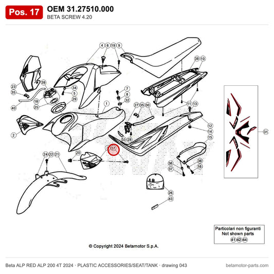 BETA SCREW 4.20 – OEM 31.27510.000, position 17 on the Beta ALP RED ALP 200 4T 2024 plastic accessories/seat/tank drawing
