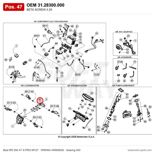 BETA SCREW 4.25 – OEM 31.28300.000, position 47 on the Beta RR 350 4T X-PRO MY27 wiring harness drawing