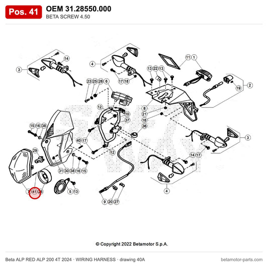 BETA SCREW 4.50 – OEM 31.28550.000, position 41 on the Beta ALP RED ALP 200 4T 2024 wiring harness drawing