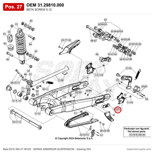 BETA SCREW 5.12 – OEM 31.29810.000, position 27 on the Beta EVO 300 4T MY25 swing arm/rear suspension drawing