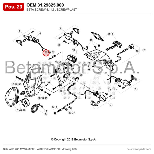 BETA SCREW 5.11,5 , SCREWPLAST – OEM 31.29825.000, position 23 on the Beta ALP 200 MY16-MY17 wiring harness drawing